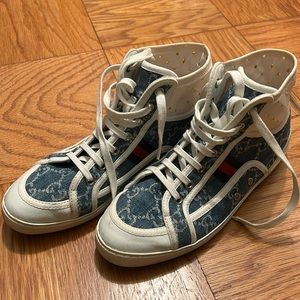 GUCCI Denim Blue Jean GG Logo High Top Sneaker 36.5